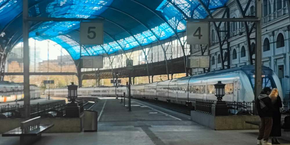 A partially obscured arched roof above Spanish commuter trains in a large station