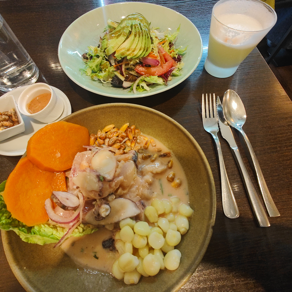 A plate of mixed ceviche accompanied by salad and a pisco sour