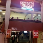 Soho Theatre Walthamstow sign in neon lights above the stair to its bar
