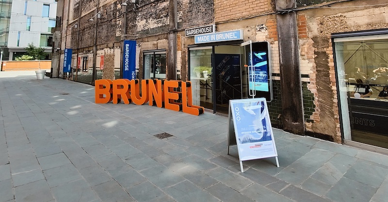 Outside barge house Made in Brunel exhibition entrance