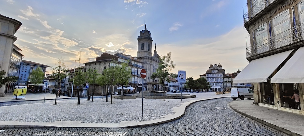 Town centre view of Guimarães shops and town hall