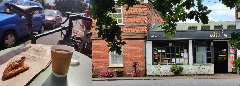 Left photo bicycle next to table with coffee and pastry, right photo outside of Will's café with est 2011 on sign