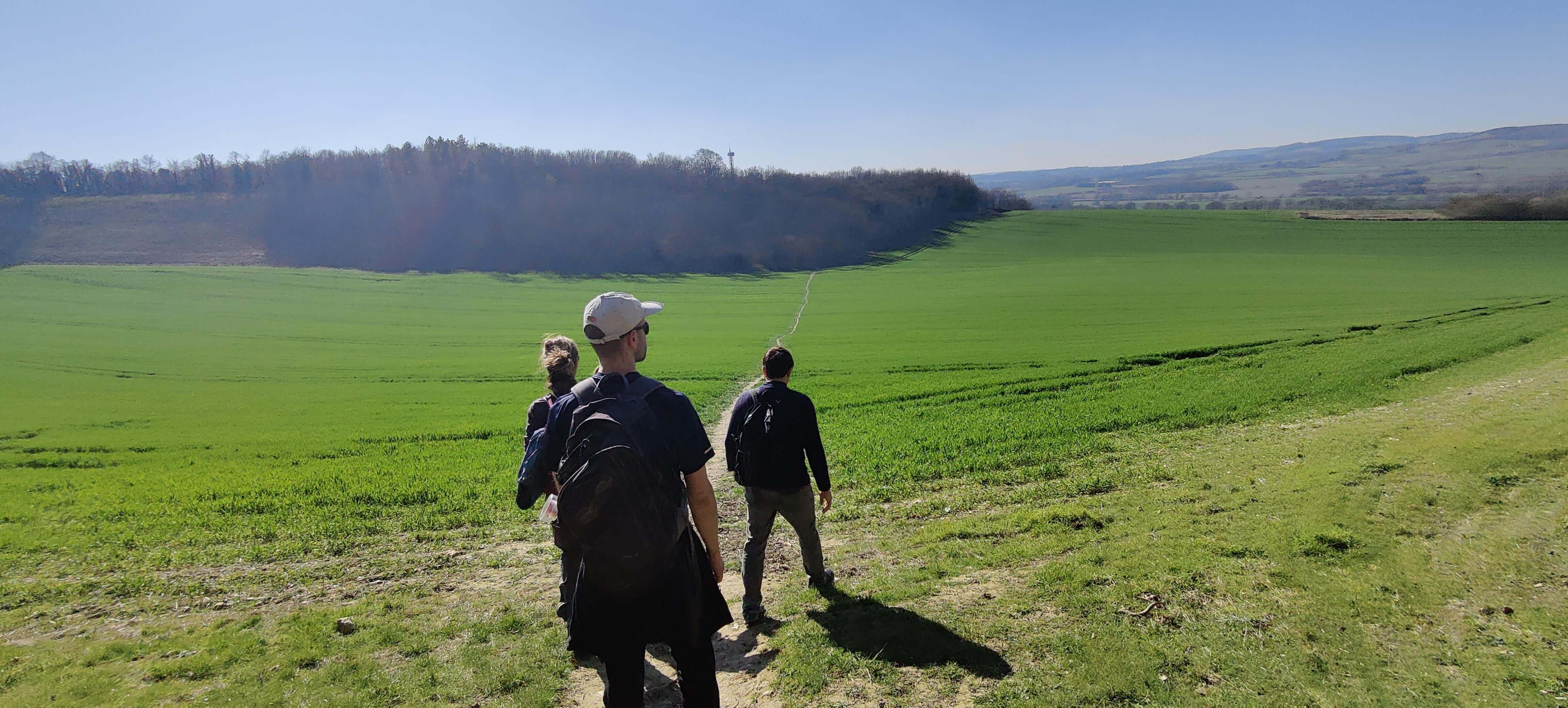 North Downs rolling countryside and hikers in foreground