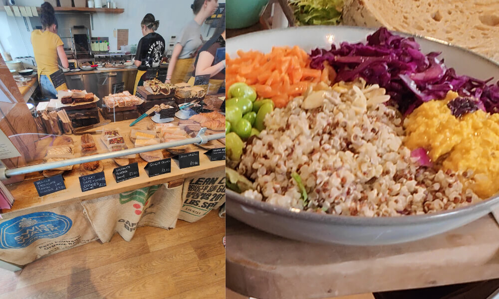 Left, counter with selection of cakes and staff behind screen, Right, bowl of flavoured humus with a mixed salad including chilli edamame beans and tahini sauce