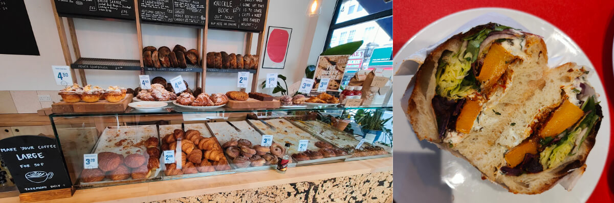 Left to right, bakery counter of pastries and coffee menu, plate of butternut squash toasted sandwich