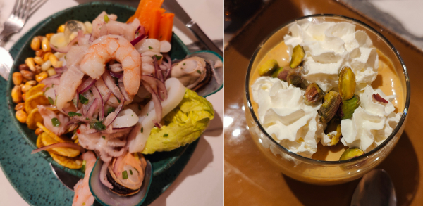 left, mixed ceviche, and right, lucuma and pistachio cheescake