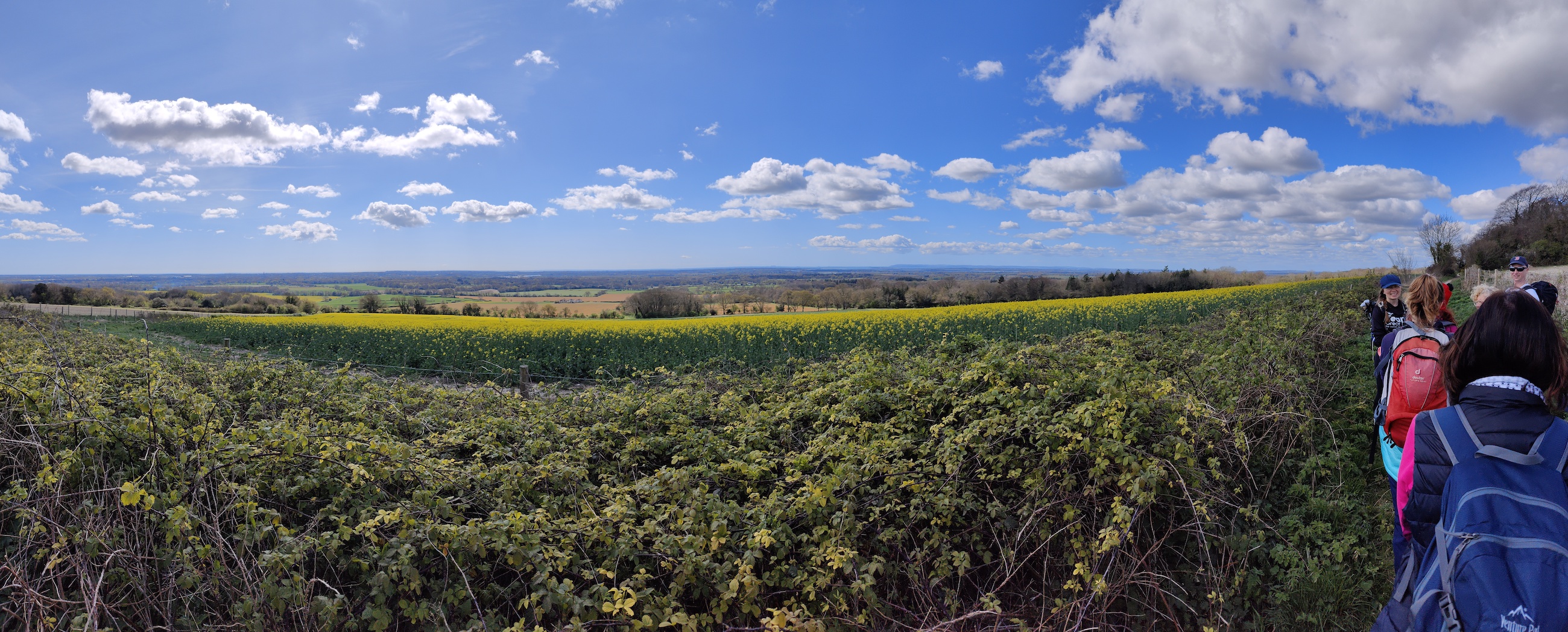 Hiking group on ridge overlooking the English South Coast towards Chichester and Portsmouth