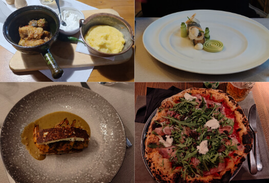 Left to right, Cabbage roles and polenta, Twirl of purée with vegetable roll, prawns, pizza with ham topping