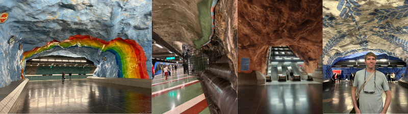 Left to right, Station tunnel with a rainbow painted on to blue painted bedrock, a station with green/red striped floor and white/green painted bedrock, escalators of underground station with brown painted bedrock, Calum in a station with white/blue painted bedrock with a floral pattern