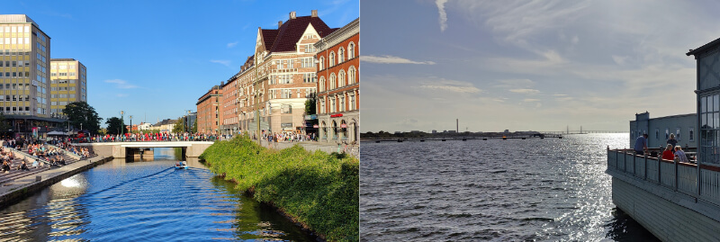 left to right, river view of Malmö with buildings either side, sea view towards the Oresund Bridge from pier