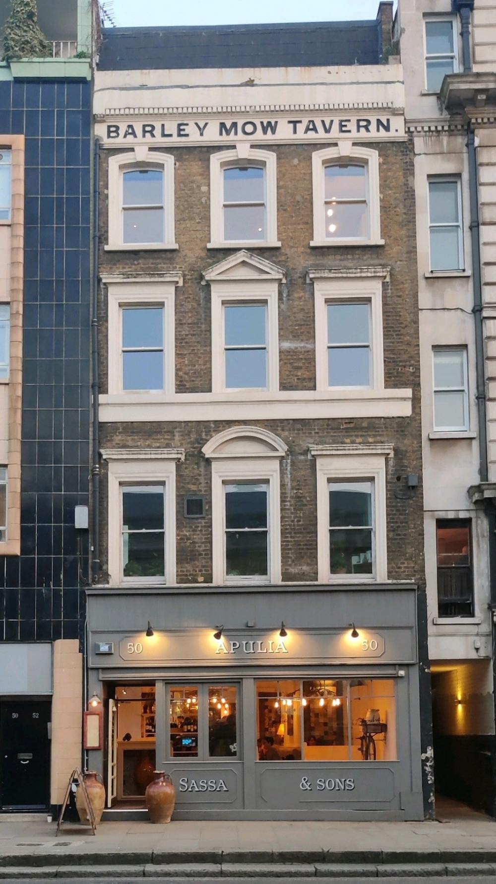 Apulia exterior and old signage above, Barley Mow Tavern