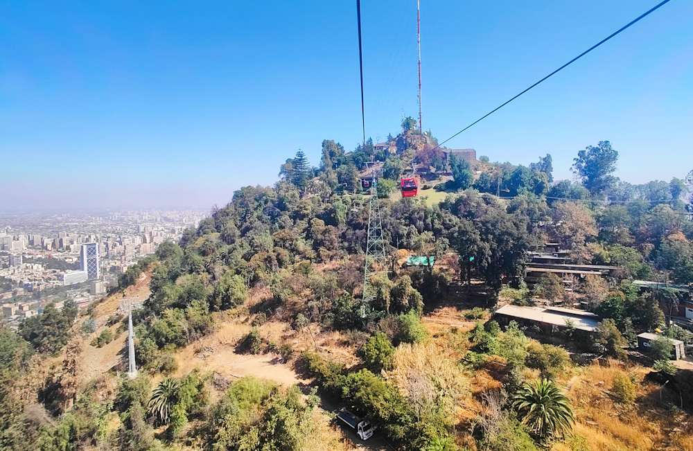 High above Santiago, Chile, on a cable car