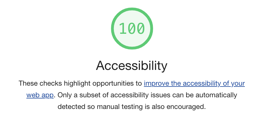 Lighthouse audit tool showing 100 Accessibility
