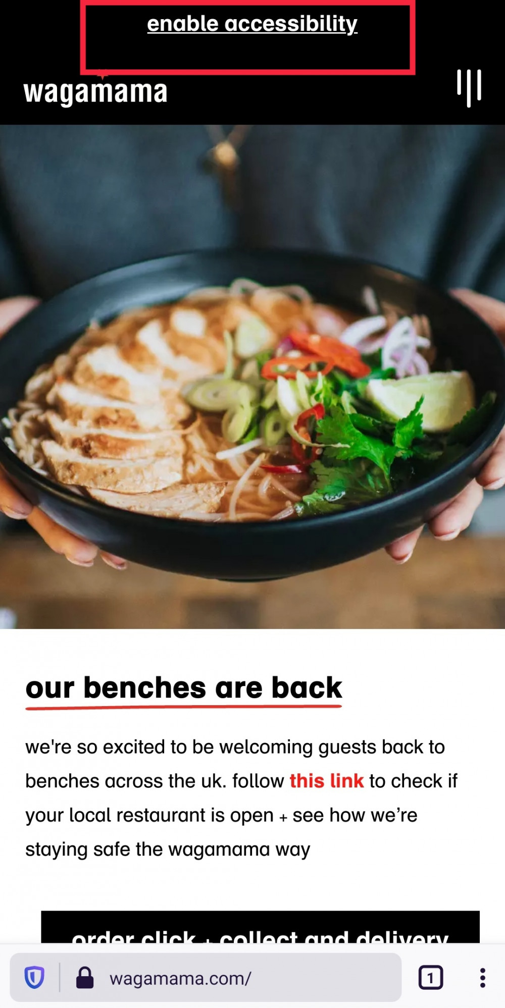 screenshot of Wagamama UK website with button to enable accessibility