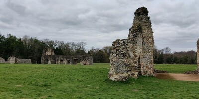 Waverley Abbey beneath a grey sky