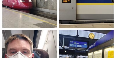 Four images of international train travel and Calum selfie