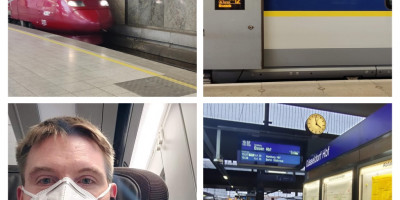 Four images of international train travel and Calum selfie