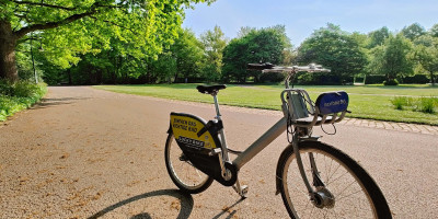 Hire bicycle in Volksgarten Düsseldorf on a bright Spring morning