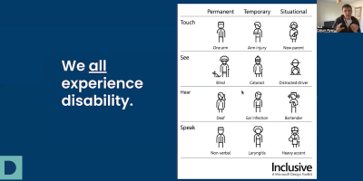 Presentation slide with text We all experience disability. Inclusive Design illustration of different disability types. Corner video view Calum presenting