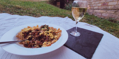 Plate of lentil Bolognese on a white picnic cover on grass beside a glass of white wine