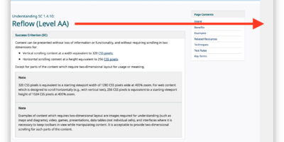 Screenshot of W3.org Reflow description page highlighting horizontal overflow