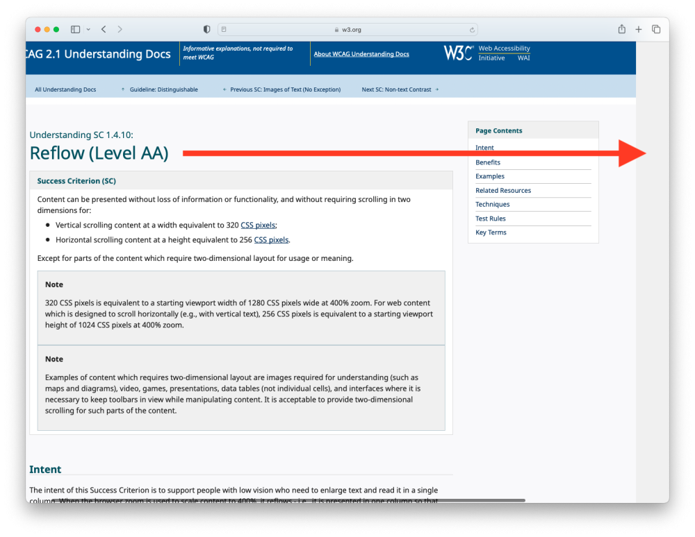 Screenshot of W3.org Reflow description page highlighting horizontal overflow