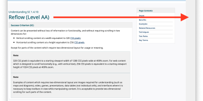 Screenshot of W3.org Reflow description page highlighting horizontal overflow