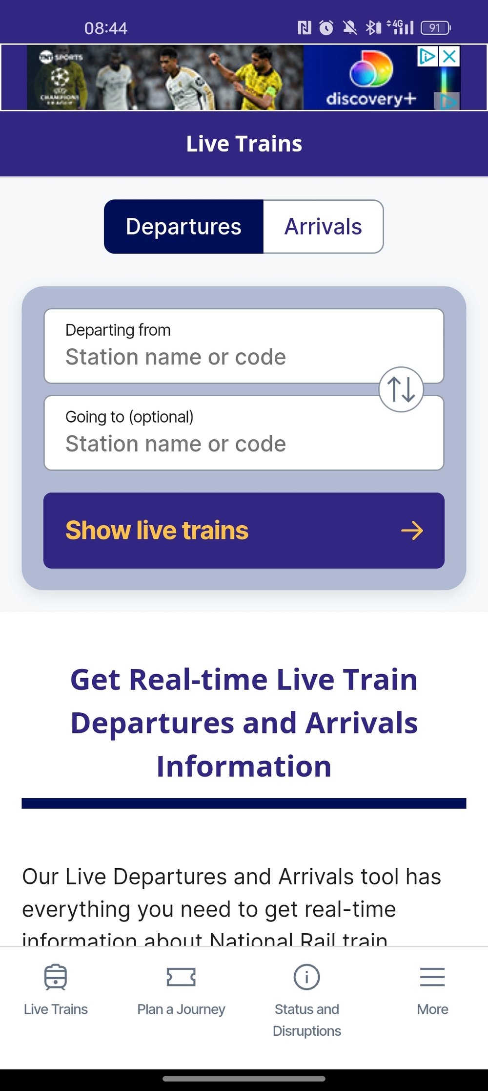 Screenshot of National Rail app which appears like the website version but missing most of its features apart from live departures