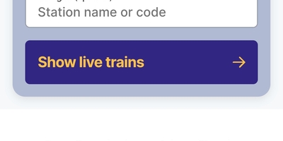 Screenshot of National Rail app which appears like the website version but missing most of its features apart from live departures