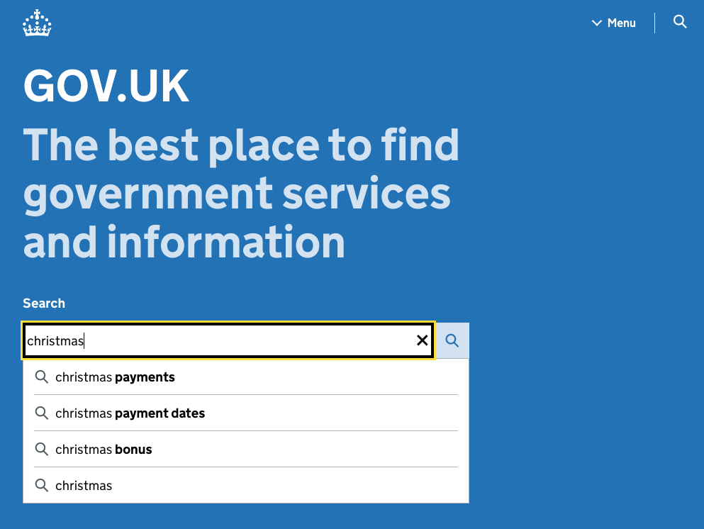 The GOV.UK homepage with a search for