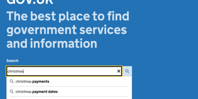 The GOV.UK homepage with a search for