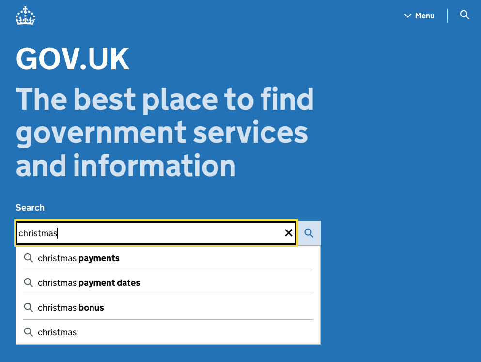 The GOV.UK homepage with a search for 