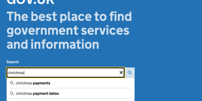 The GOV.UK homepage with a search for 