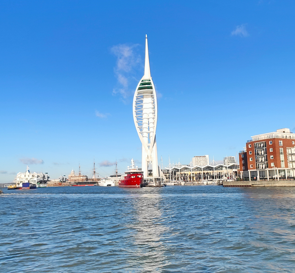 Portsmouth's waterfront on a clear sunny day with the Spinnaker Tower