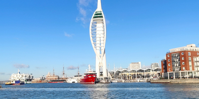 Portsmouth's waterfront on a clear sunny day with the Spinnaker Tower