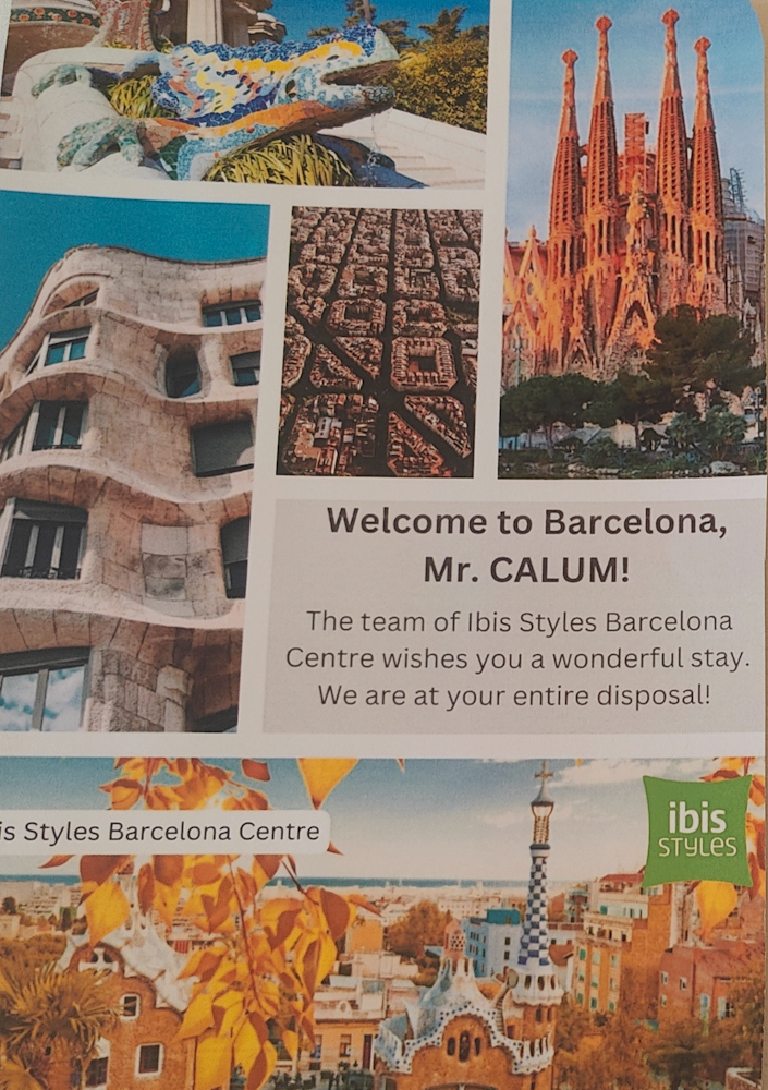 A colourful welcome letter with photos of attractions from the Ibis Styles hotel in Barcelona addressed to Mr Calum