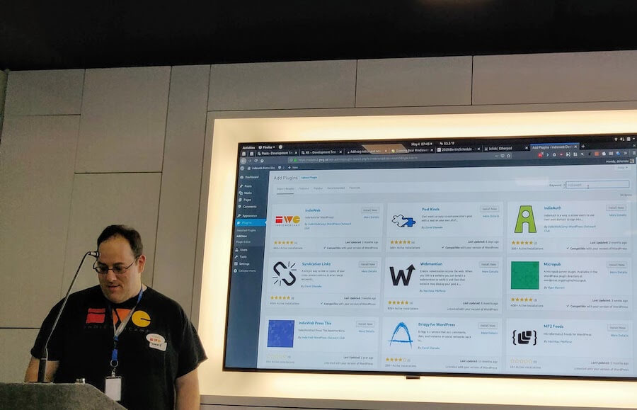 David presenting at IndieWebCamp inside Mozilla Berlin offices about WordPress plugins for IndieWeb
