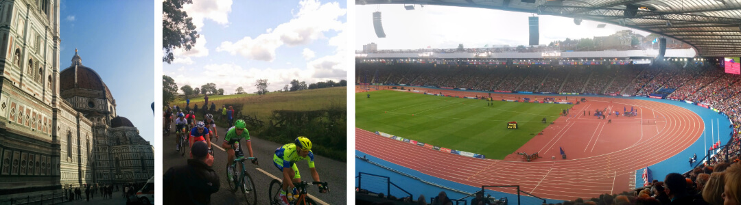 Left to right Florence cathedral, Tour de France in Yorkshire, Commonwealth Games stadium in Glasgow