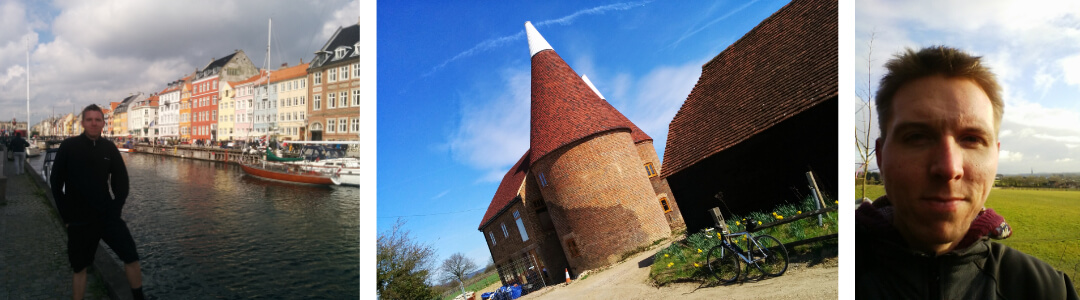 Left to right me at Copenhagen waterfront, Kent oast house, me near Salisbury