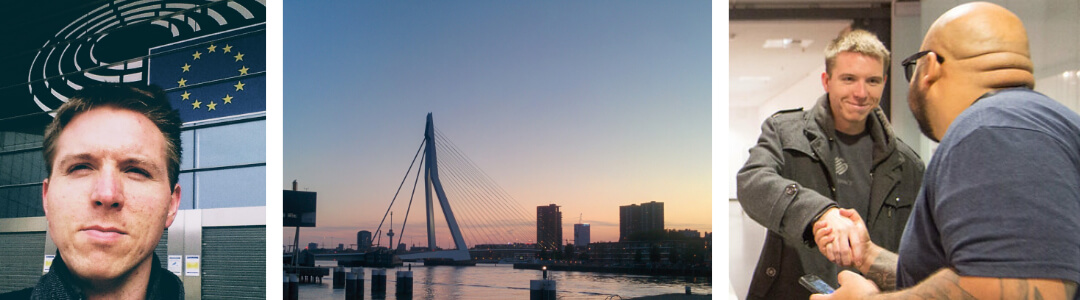 Left to right me outside the Brussels European Parliament, Erasmus bridge in Rotterdam, me shaking hands with Philip Saa