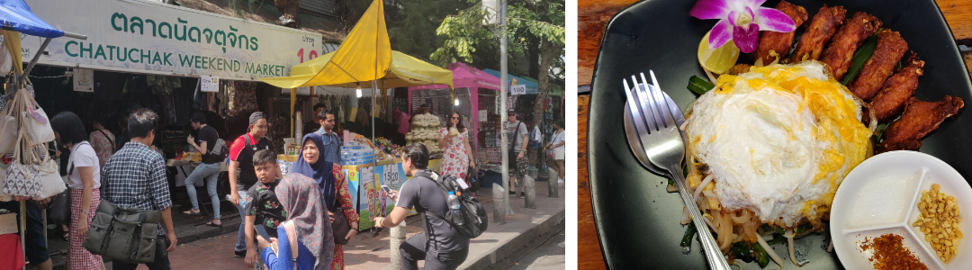 Outside Chatuchak market and a plate of chicken wings Pad Thai